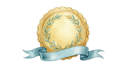 Fototapeta premium Watercolor golden seal with olive branch wreath and blue ribbon isolated on transparent background