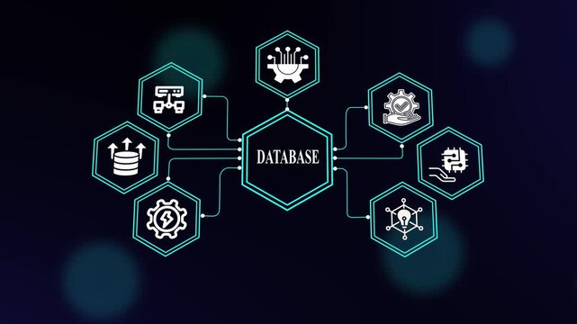 Database Technology Concept with Futuristic Neon Hexagon Icons for Digital Storage, Cloud Computing, Data Analytics, Automation and Network Systems.