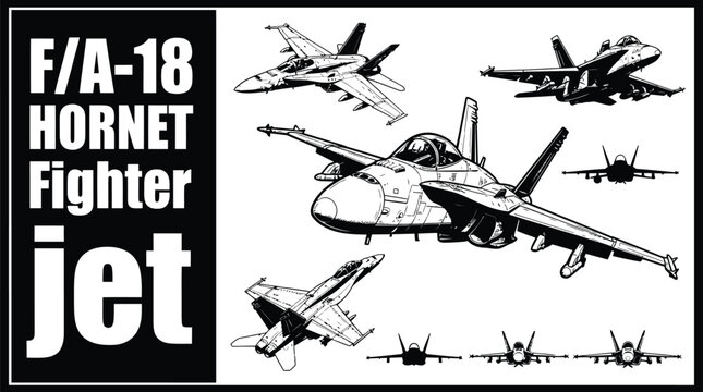 FA 18 Hornet fighter jet vector clipart bundle with line art illustration