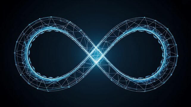 Abstract infinity symbol constructed from glowing blue digital wireframe network lines