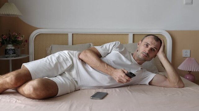 Young man lies on bed, switches TV channels with remote control. He is bored.