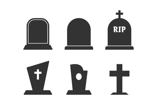 Tombstone silhouettes with RIP text, black vector grave icons for Halloween theme and cemetery design