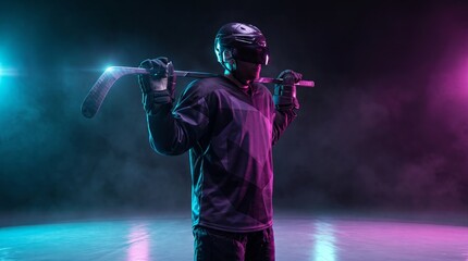 Fototapeta premium A hockey player in full gear stands with a stick on his shoulders under neon blue and pink lights. Concept includes sports, action, competition, and team spirit themes for advertising. Generative AI.
