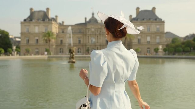 Woman raising hand beside pond at Luxembourg Palace in Paris