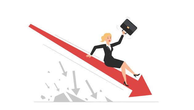 Corporate businesswoman sliding down a steep red falling arrow representing a sudden stock market crash or significant financial loss.