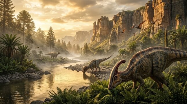 A picturesque digital illustration shows a prehistoric landscape where a majestic dinosaur drinks from a winding river, while other dinosaurs roam the lush valley at sunrise