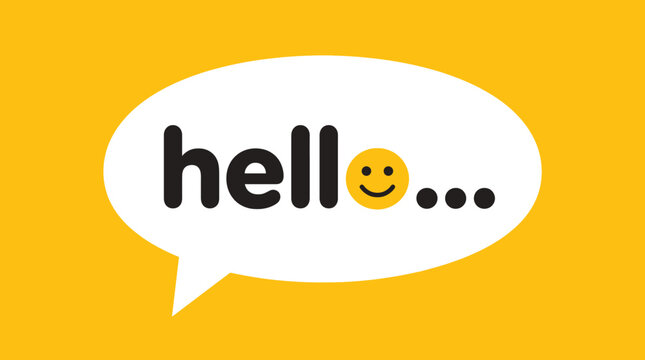 Hello greeting text inside a white speech bubble on a yellow background with a smiling face icon