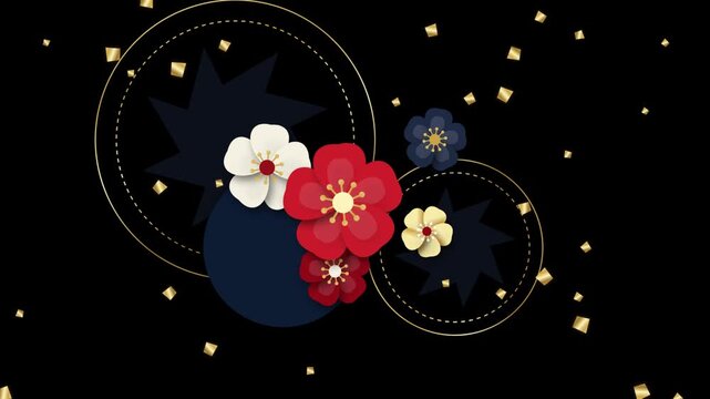 Elegant Japanese style floral background with red and white flowers and gold confetti.