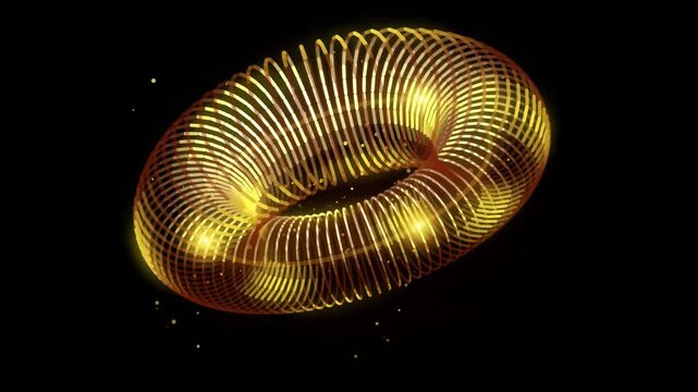 Abstract golden glowing wireframe torus shape isolated on a black background.