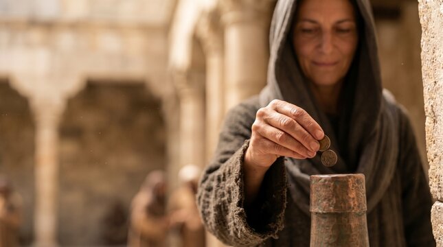 Peaceful biblical widow dropping two copper coins into the temple treasury