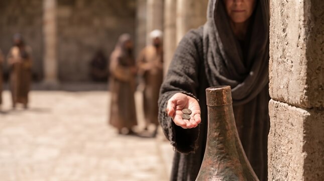 Poor biblical widow showing two copper coins in her palm before offering