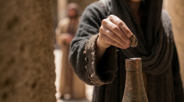 Close up of a biblical widow dropping two coins into the offering box