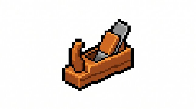 8-bit pixel art of a vintage wooden hand plane carpentry tool game asset isolated on white.