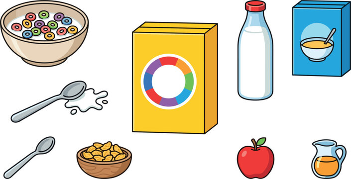 Cute Breakfast Cereal and Milk Vector Illustration Set with Colorful Rings Cornflakes Cardboard Box Bottle and Spoon for Kids Morning Meal Designs