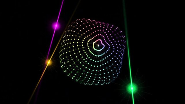 Abstract glowing cube made of dots with colorful laser light beams on black background.