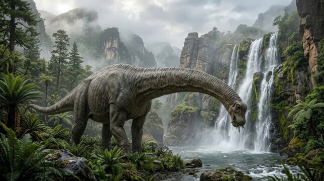 A magnificent dinosaur stands by a rushing waterfall in a lush prehistoric jungle, framed by misty mountains and ancient vegetation in this vivid digital art illustration