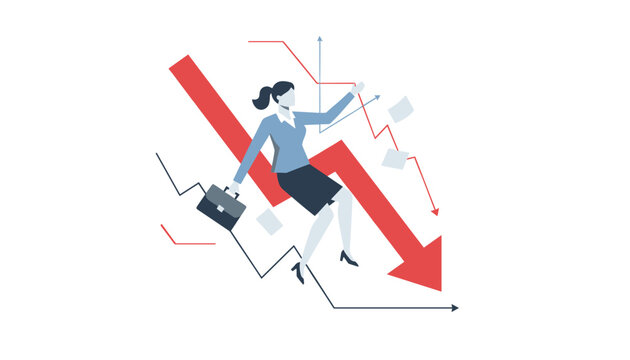 Stressed businesswoman holding a briefcase slides down a large red downward arrow representing financial loss and business decline.