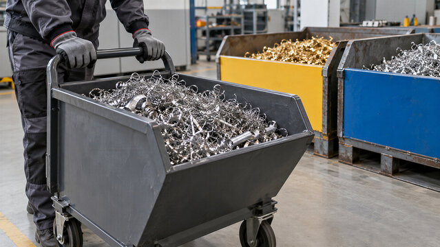 Worker in uniform pushing cart with metal shavings and steel chips in factory workshop. Industrial waste recycling and scrap metal sorting. Manufacturing production and machine shop work concept.
