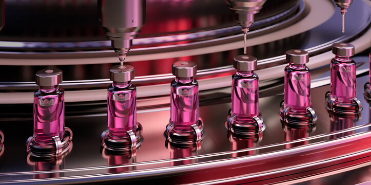 Pharmaceutical vial filling, aseptic manufacturing, robotic automation, sterile production, injectable drug packaging. Automated fill-finish line with glass vials, precision filling heads and conveyor