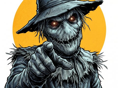 Creepy scarecrow character illustration, spooky halloween monster with glowing eyes, evil straw man pointing finger on yellow background