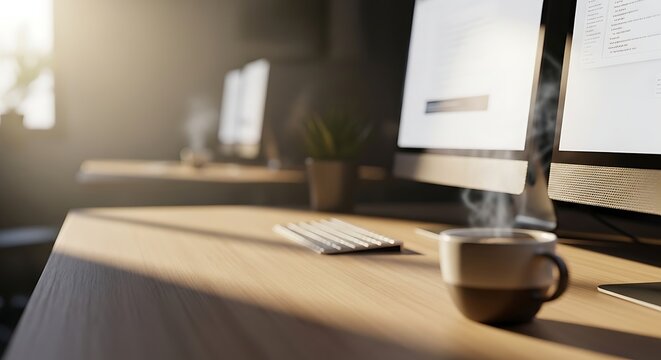 Minimalist workspace with laptop and coffee cup on wooden desk