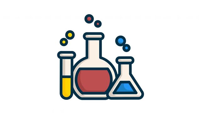 Seamless looping 2D animation of colorful chemistry lab equipment, including flasks, beakers, and test tubes with bubbling liquids. Perfect for science, education, laboratory experiments etc.