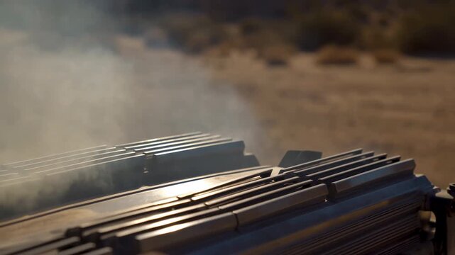 White smoke drifts across sunlit ribbed metal machinery outdoors, curling over reflective panels while warm light glints on parallel edges against a softly blurred dry landscape