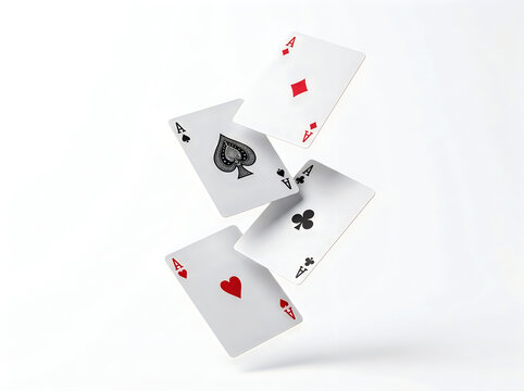Four playing card aces of spades, diamonds, clubs, and hearts falling in the air isolated on white background