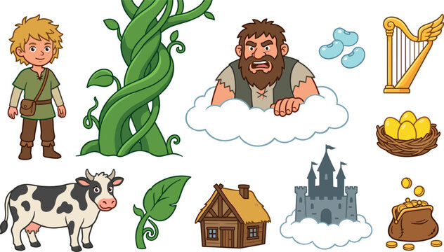 Jack and the Beanstalk Fairy Tale Vector Illustration Set Featuring Jack, Angry Giant, Magic Beans, Cow, Golden Eggs, Castle, and Magic Harp Elements