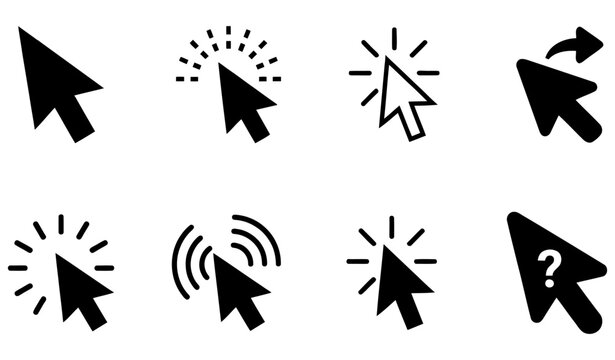 A collection of various computer mouse cursor icons featuring different actions like clicking selecting and pointing on white background