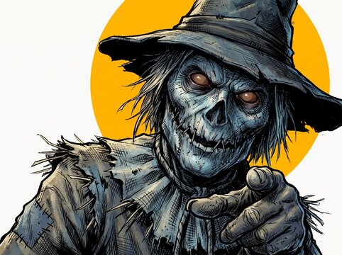 Spooky Halloween scarecrow character, creepy undead monster in tattered clothes, horror illustration with pointing finger and yellow moon