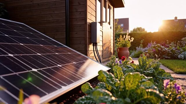 Solar panels positioned in a vibrant garden setting, showcasing lush plants and flowers with a wooden house in the background during sunset. Concept of sustainable gardening, renewable energy
