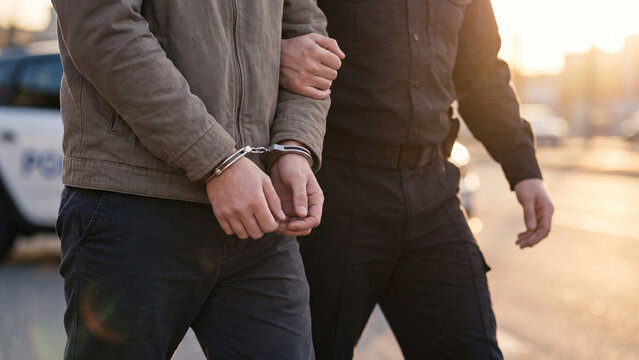 A police officer arrested a suspect in a criminal case. The concept of arrest, handcuffs, and offense.