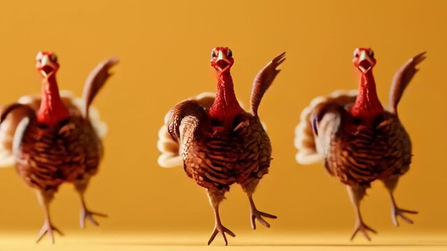 Cute Thanksgiving Family &mdash; a charming, hyper-realistic cute turkey happily dancing alongside a friendly and cheerful scarecrow, creating a warm and joyful Thanksgiving moment.