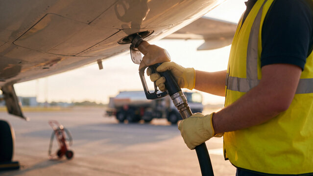 Aircraft ground handling and ground refueling. Airport employee, technical crew, and aviation fuel refueling concept.