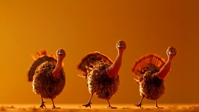 Cute Thanksgiving Family &mdash; a charming, hyper-realistic cute turkey happily dancing alongside a friendly and cheerful scarecrow, creating a warm and joyful Thanksgiving moment.
