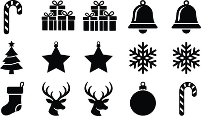 Naklejka premium Christmas holiday icons featuring pine tree snowflake reindeer head candy cane and ornaments for winter season decorations. 