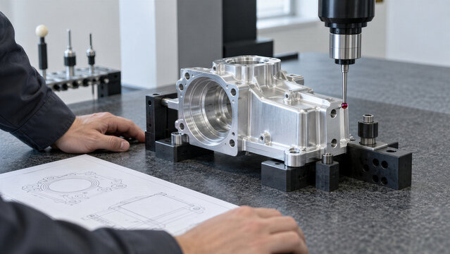 Engineer measuring metal gearbox housing with coordinate measuring machine probe in quality control laboratory. Technical blueprint. Manufacturing, industrial metrology and engineering inspection