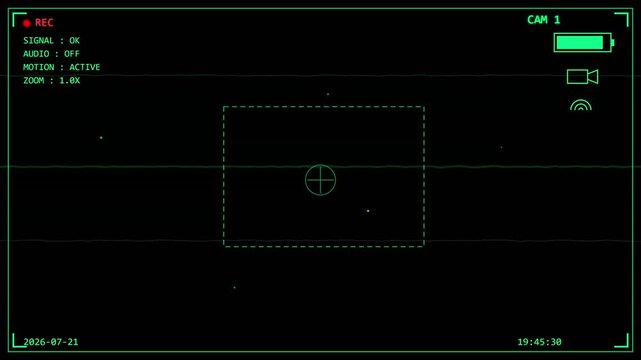 Green digital surveillance camera interface overlay showing motion video footage