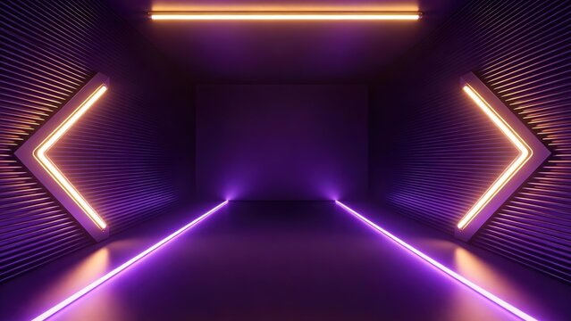 Symmetrical Futuristic Neon Box Room with Gold Arrow Frames and Purple Floor Lines, Back Wall Copy Space for Tech Showcase