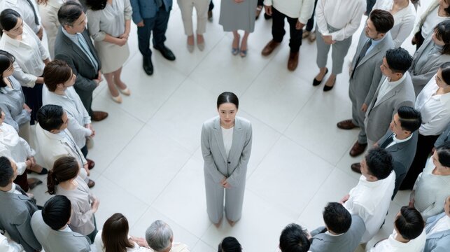 A woman in a grey suit stands in the center of a circle of people, looking serious and slightly apprehensive. The surrounding people are dressed in business attire and are looking at her.