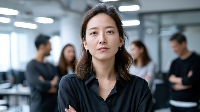 A confident and focused businesswoman stands at the forefront, with her team blurred in the background, embodying leadership and professionalism in the workplace