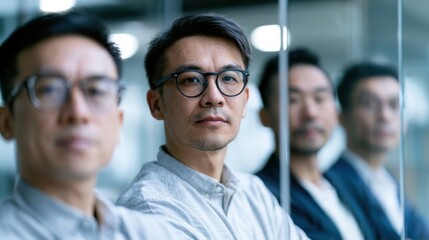 Obraz premium A group of four Asian businessmen in a modern office environment, wearing glasses and looking directly at the camera. The foreground features a man with a serious expression.