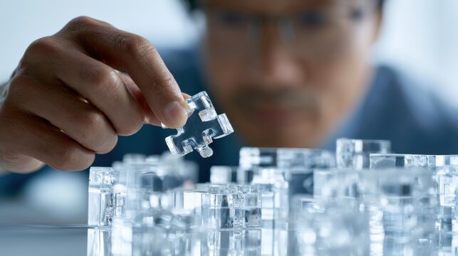 A man's hand is carefully placing the final clear puzzle piece into a complex structure, symbolizing problem-solving and precision. His focus is intense as he completes the task.