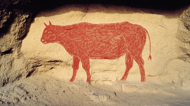 ochre. Cave wall section with primitive red ochre drawings of a large beast. event programs, museum guides, designed for cultural heritage projects and event programs.