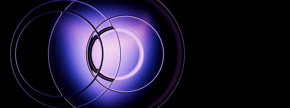 3D Black Blue Glass Sphere with Layered Circular Forms and Neon Rim Light