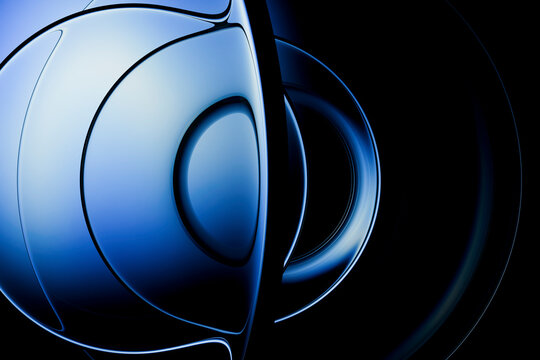 3D Blue Glass Orb with Curved Surface and Deep Black Abstract Background