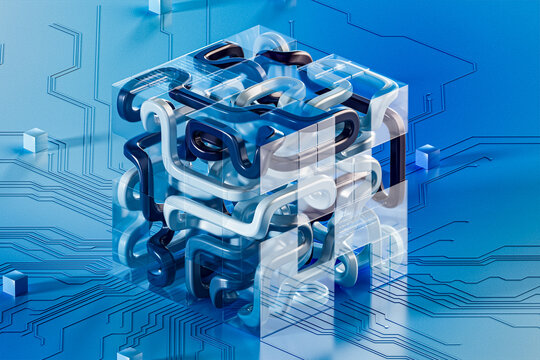 3D Transparent Glass Cube with Blue Tubes and Digital Circuit Pattern