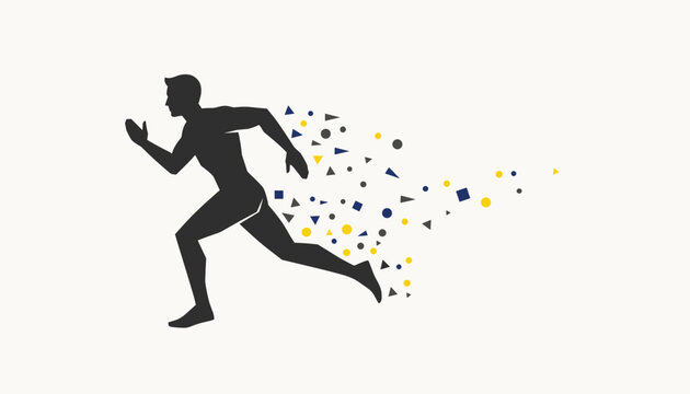 Dynamic silhouette of a male runner with colorful geometric fragments trails behind him representing speed, energy, and digital data.