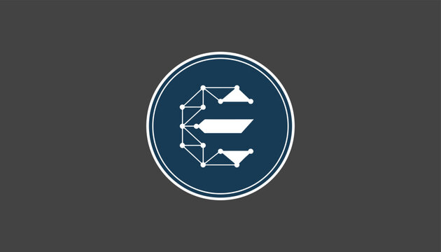 Tech themed circular logo featuring the letter e constructed from a network of interconnected nodes and lines against a dark blue base.